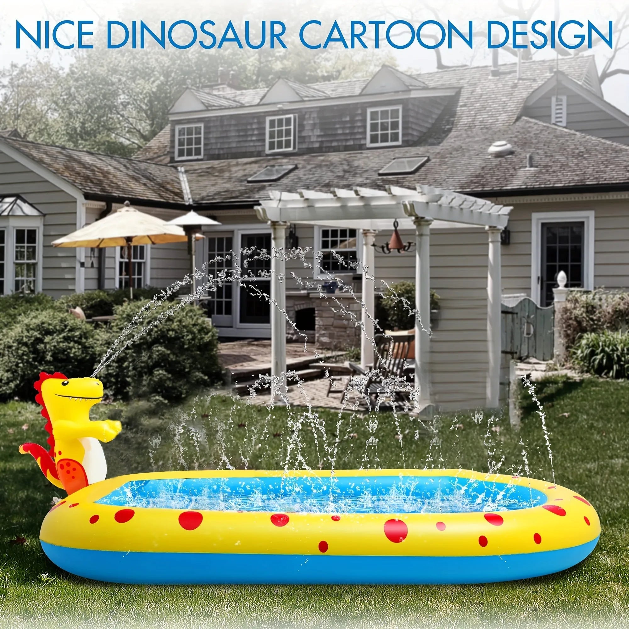 Blue dinosaur inflatable water spray pool measuring 170cm long with water play features