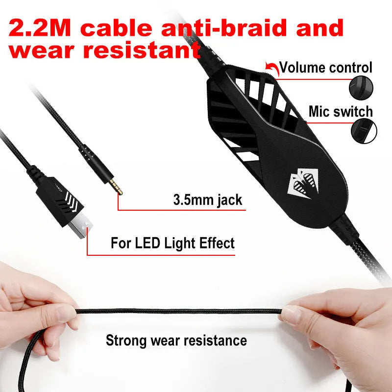 Wired gaming headset with LED breathing lights and microphone in multiple colour options