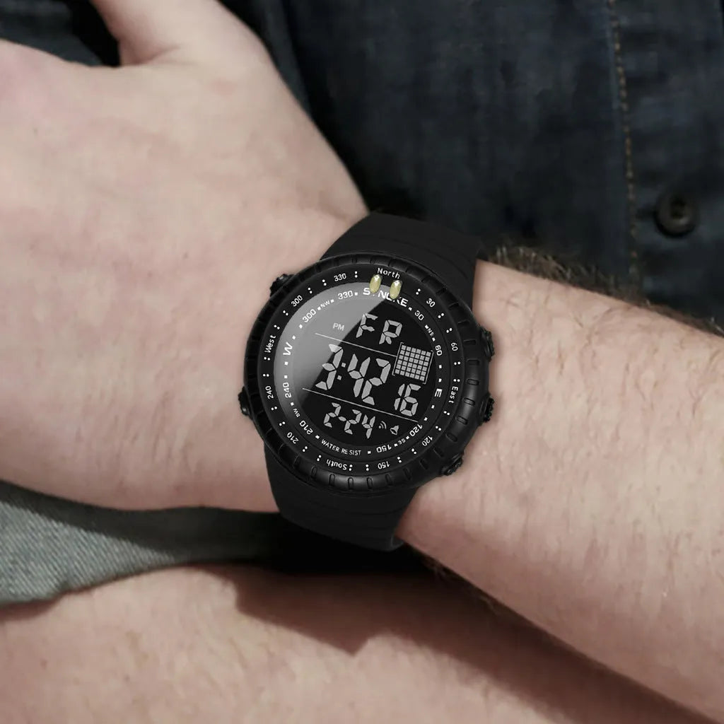 Black waterproof electronic outdoor watch for men with a large 54.74mm plastic case and PU strap.