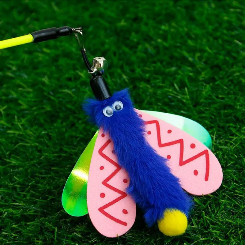 Cat wand toy with dragonfly attachment and bell on 49cm ABS plastic stick