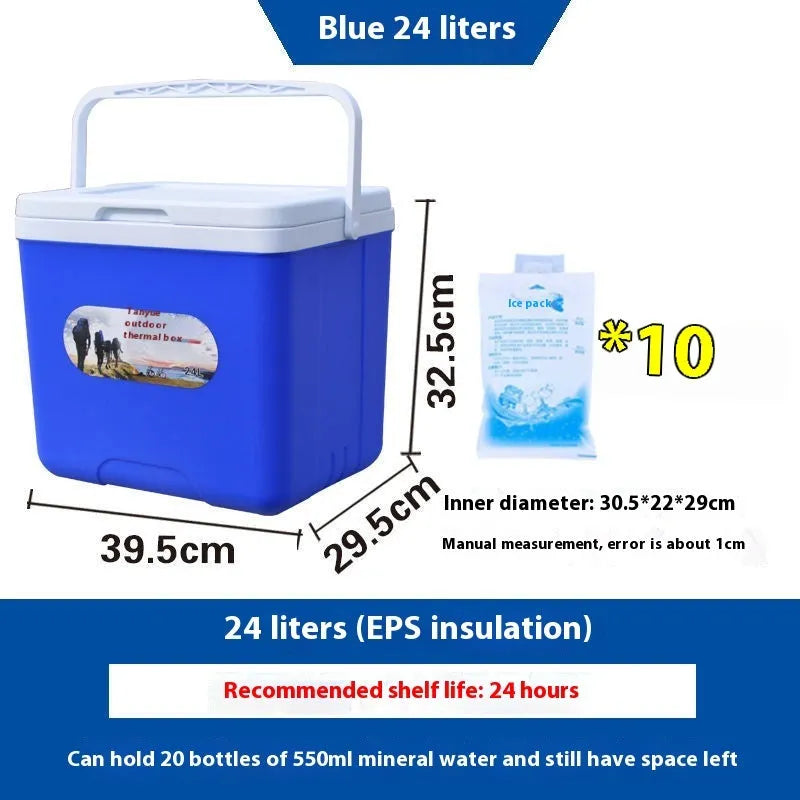 Blue portable insulated cooler box with lid, showing aluminium foil interior.