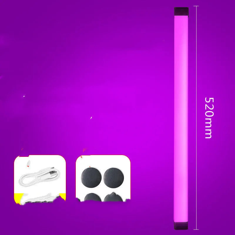 Blue and purple rechargeable LED tube stick light with dimmable settings.