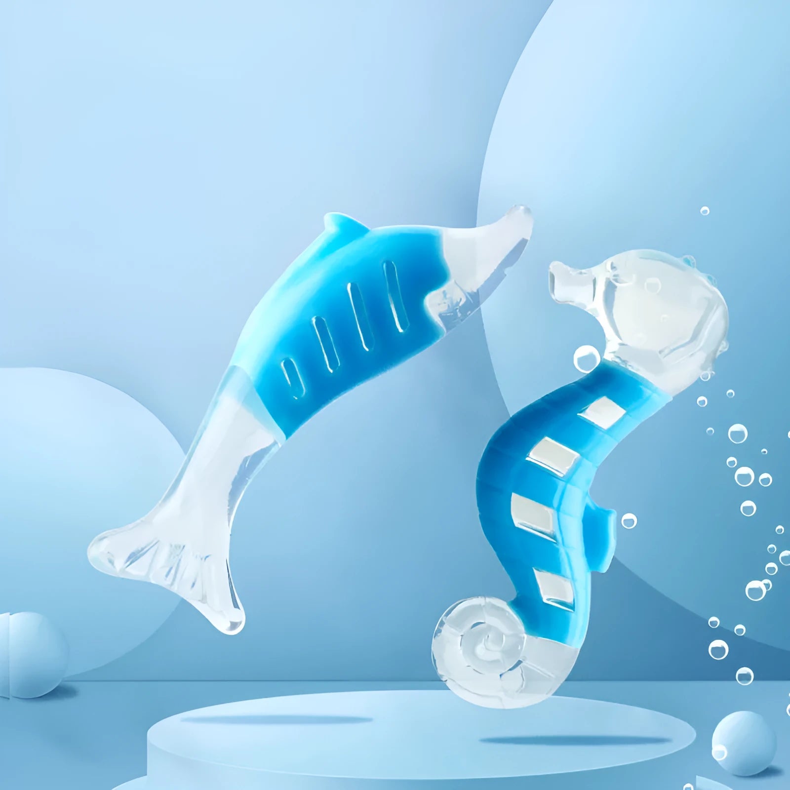Two PU nylon dog chew toys: a seahorse and a tuna, on a plain background.
