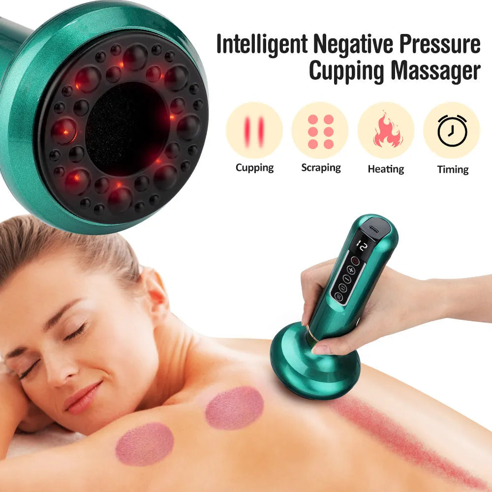 Green electric vacuum cupping massager with suction cup and charging cable
