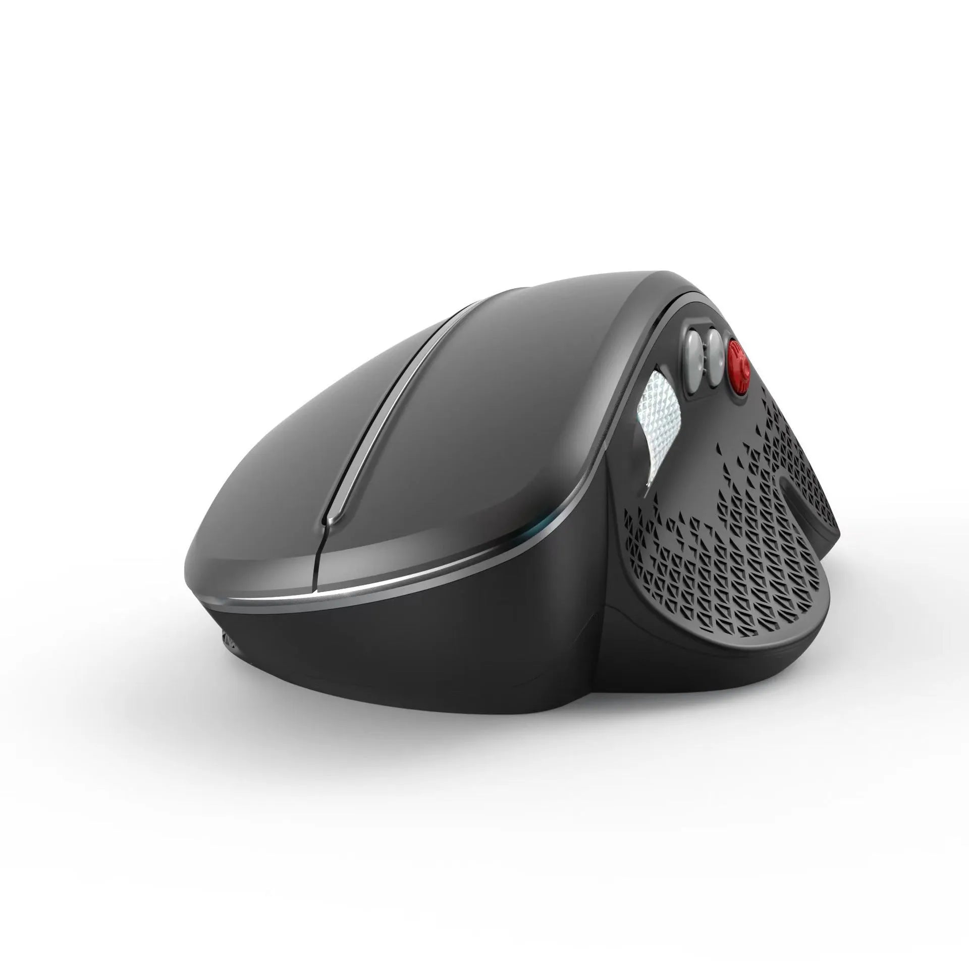 T32 black wireless vertical ergonomic mouse with aluminium side roller on desk
