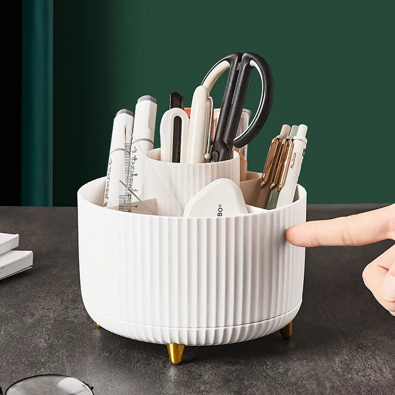Desktop swivel makeup brush organizer ABS plastic rotating caddy with partition in white