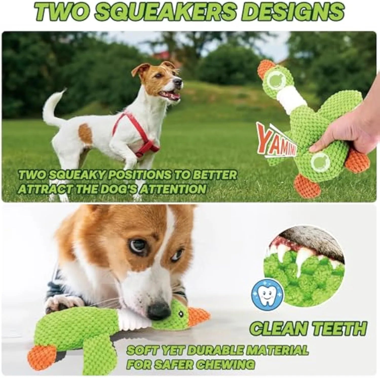 Blue plush duck dog toy with squeakers for chewing and fetch play.