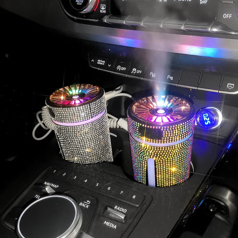 Luxury diamond rhinestone car humidifier with LED light, USB powered, 15x7x7cm, multi-colour options