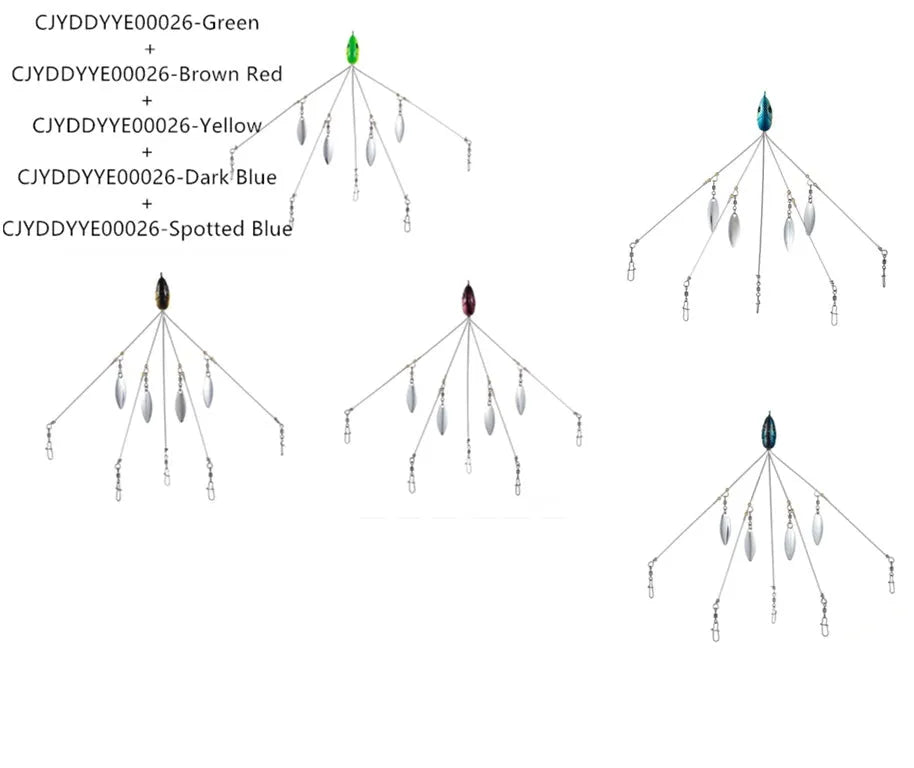 Bassdash umbrella fishing lure rig with 5 swivels and rotating metal sequins in green colour