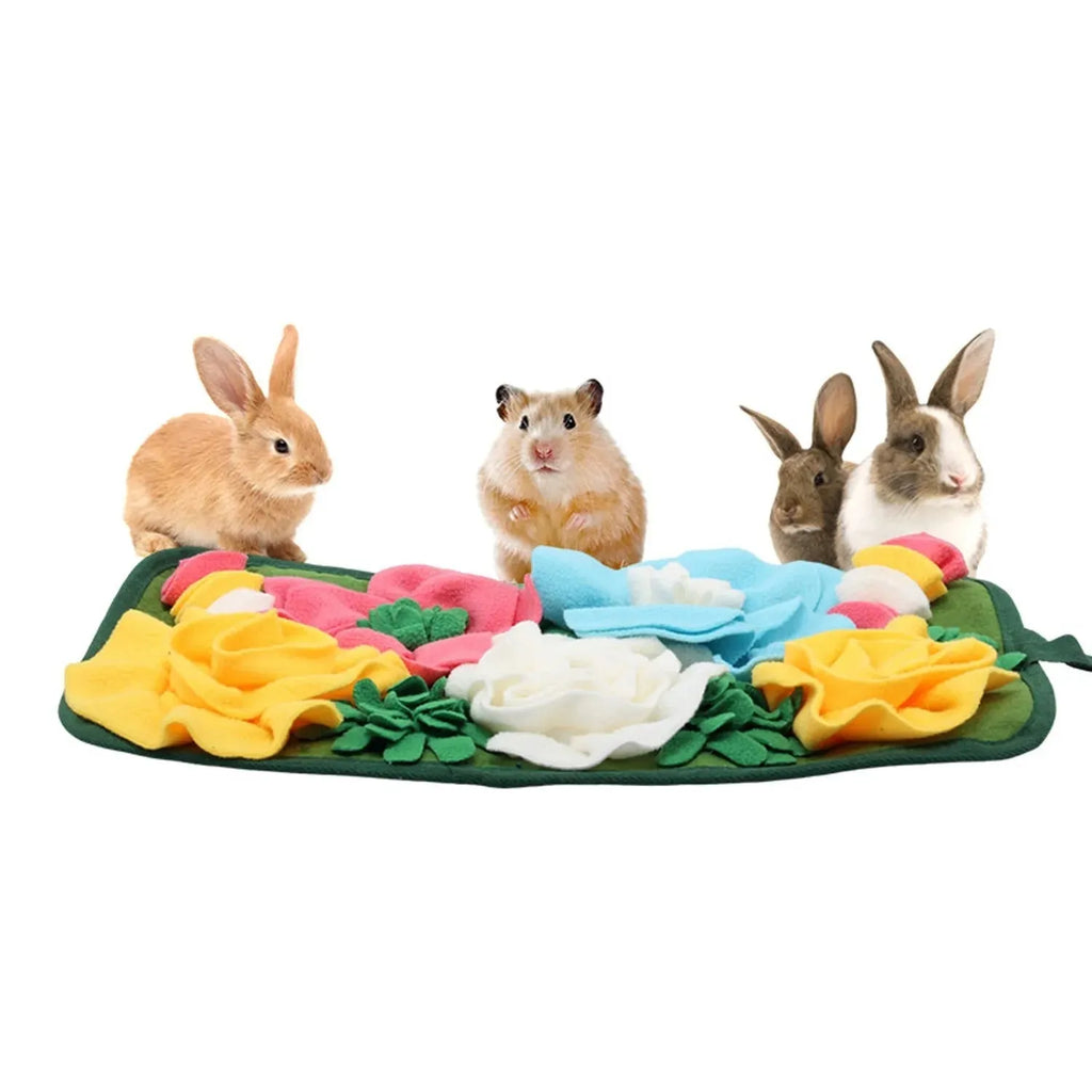 Grey square pet foraging mat with Totoro design for rabbits and guinea pigs.