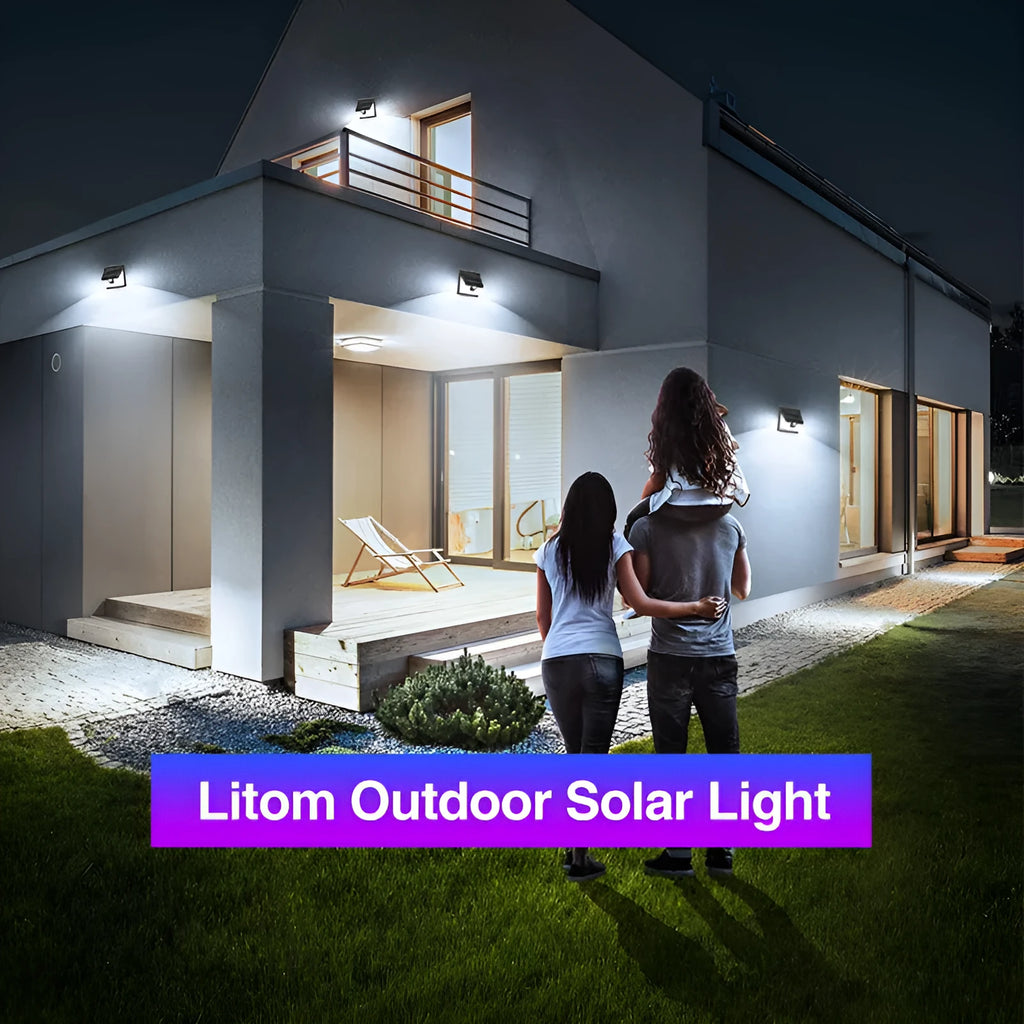 Household minimalist outdoor solar wall lamp with motion sensor and 40 LED patches on white background