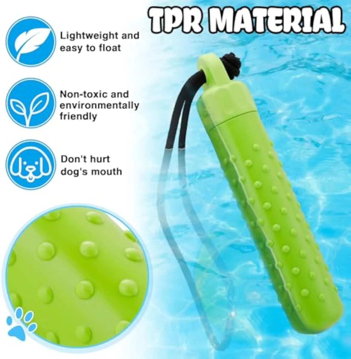 Two floating dog pool toys in red and green with rope handles on a blue background