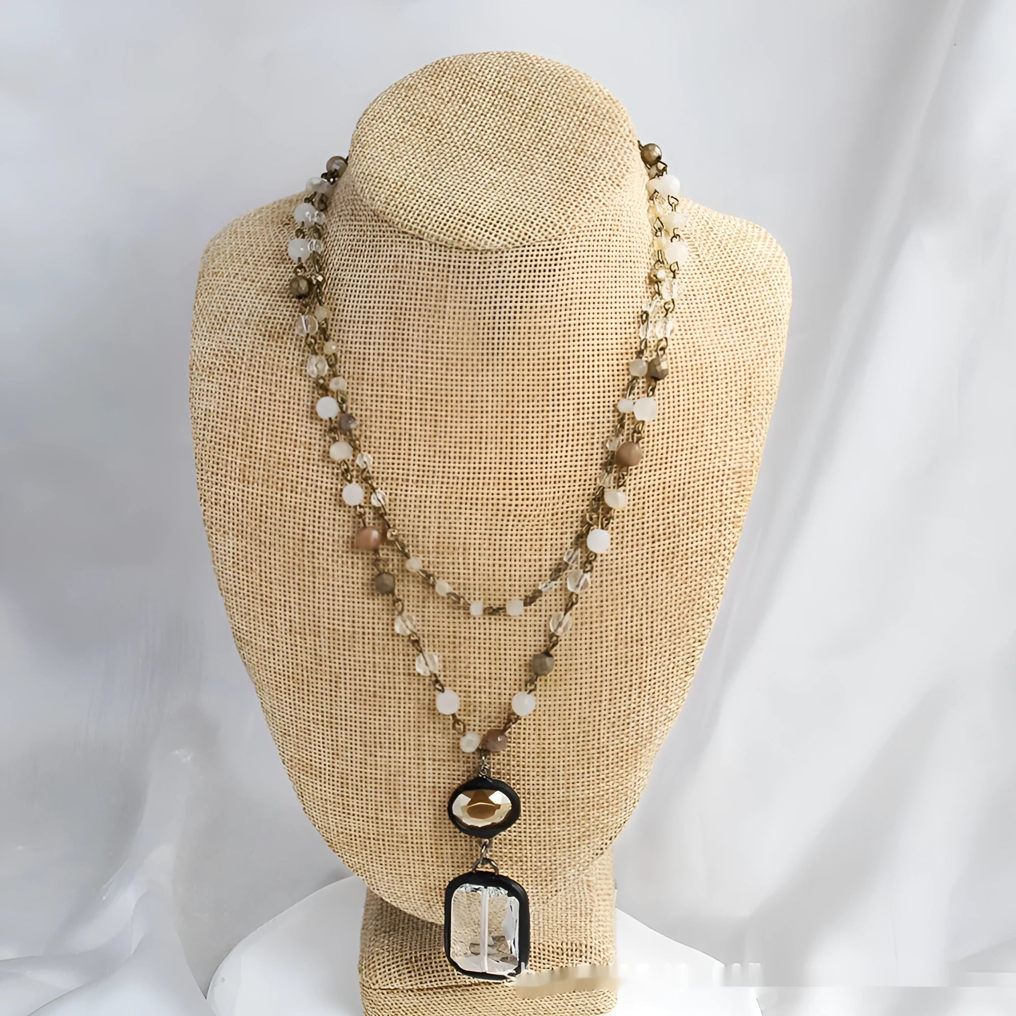 Tribal style necklace with two-layer stone and glass pendant on adjustable alloy chain
