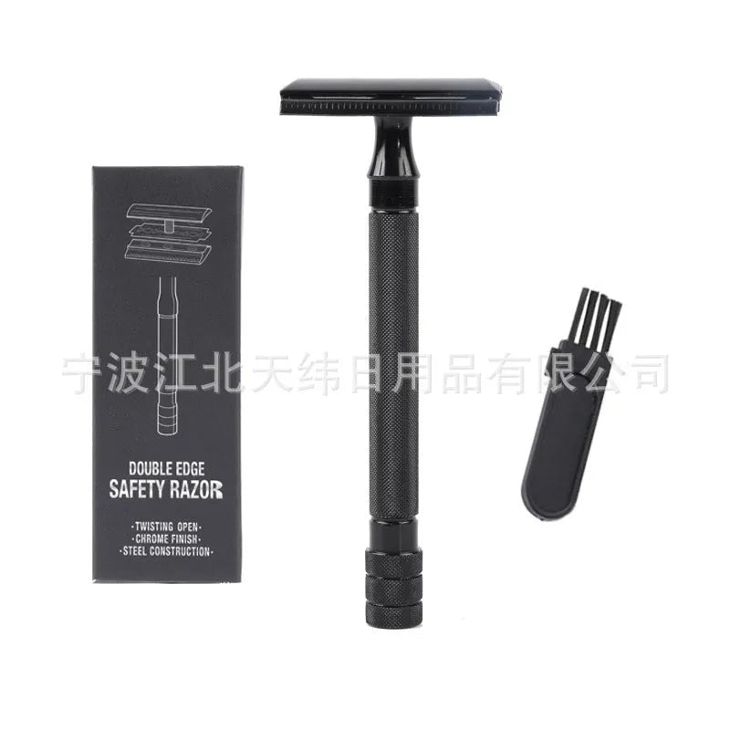 Manual beard shaving tool with metal scraper and brush for traditional wet shaving