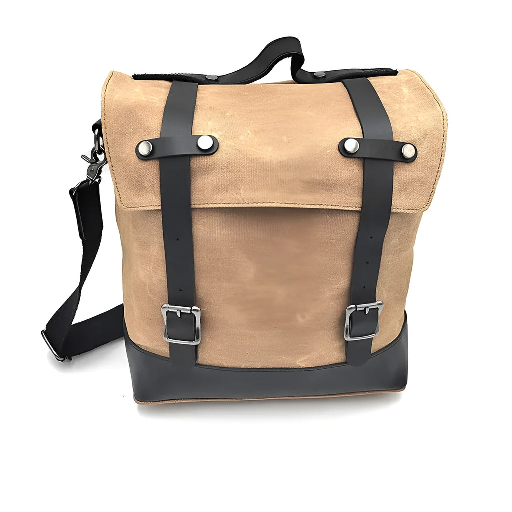 Black waterproof canvas motorcycle side bag with dimensions 300x280x150mm mounted on motorcycle