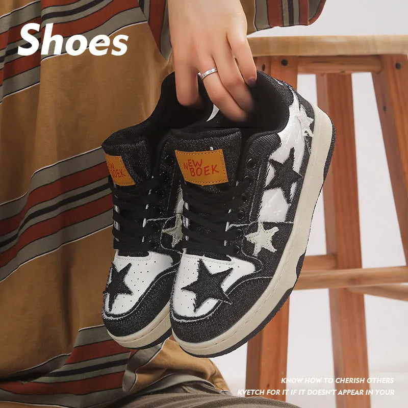 Denim skateboard shoes with round toe and leather stitching in black, green, or pink colours