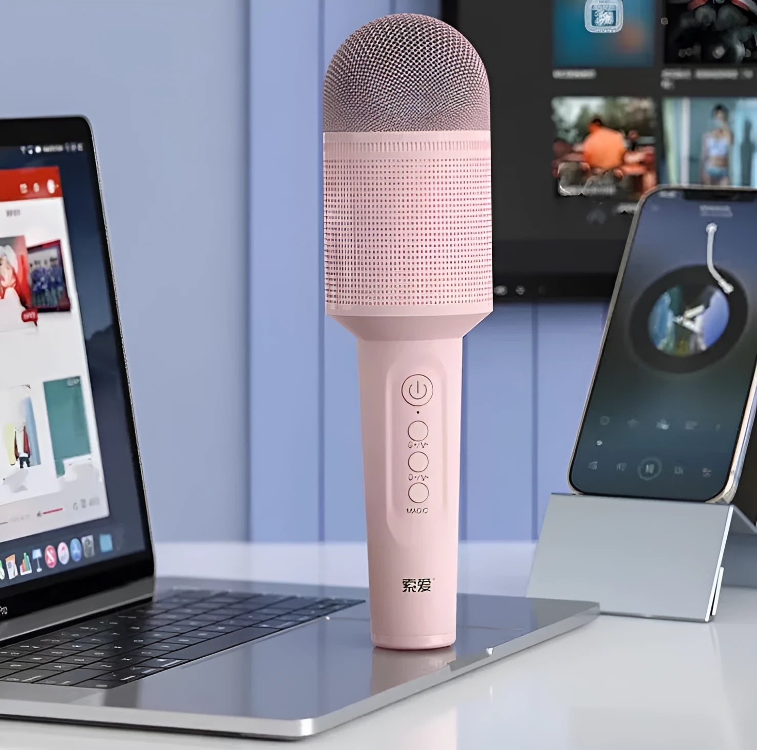 Wireless Bluetooth karaoke microphone in pink, blue, and green colour options.