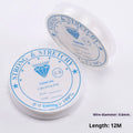 Close-up of transparent white elastic cord reel with beads, showing diameters from 0.4mm to 1mm for jewellery making.