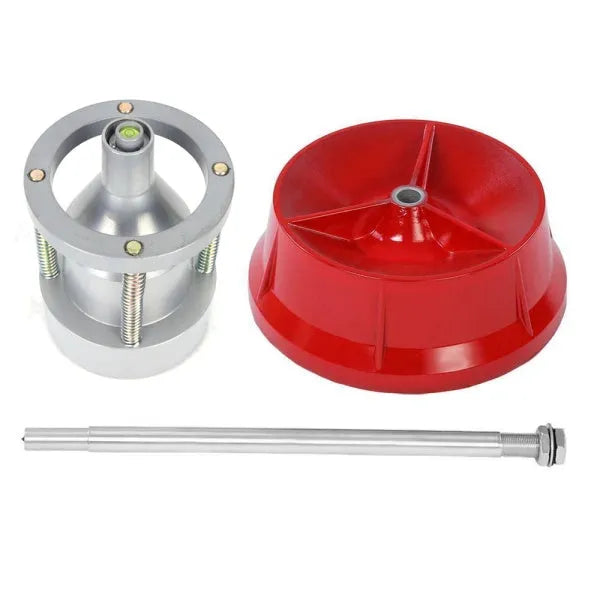 Portable aluminium hub wheel balancer with bull's eye level on a black enamel finished base.