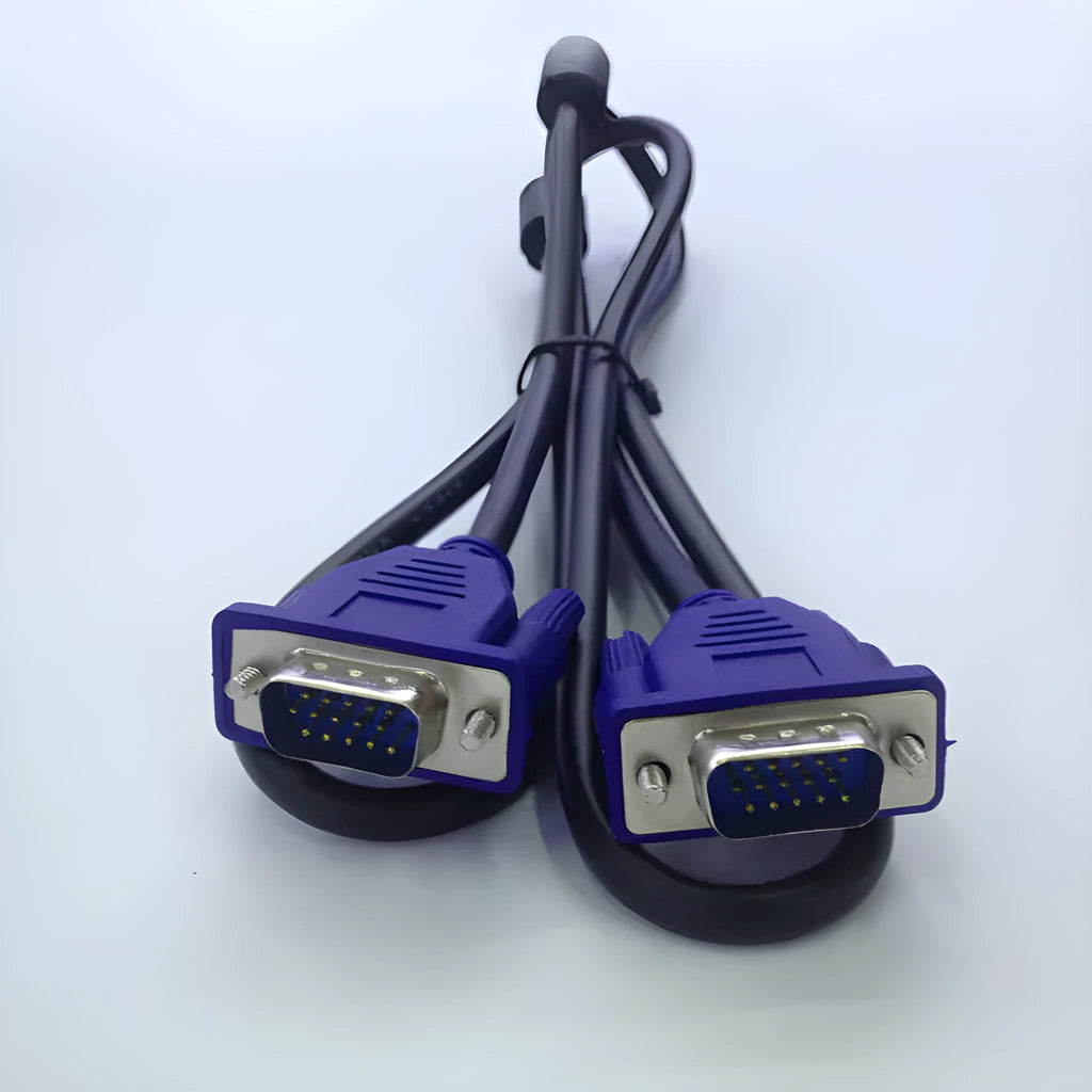 Black VGA cable with blue connector heads, 1.5 metres long, for connecting computers to monitors and TVs.