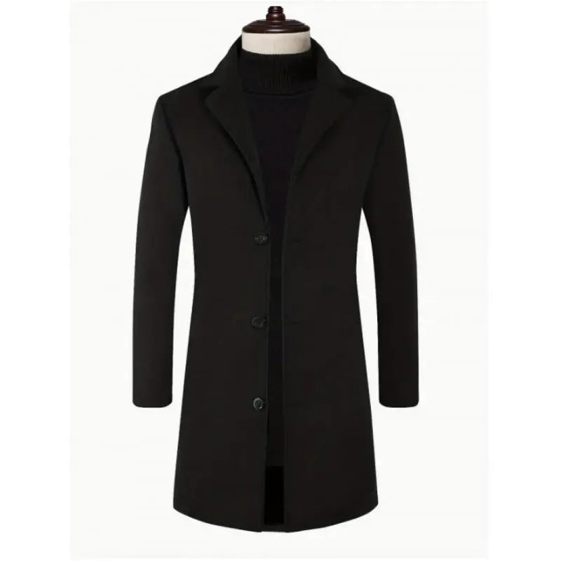 Men's loose fit solid colour trench coat in khaki, mid-length polyester outerwear with side seam pockets