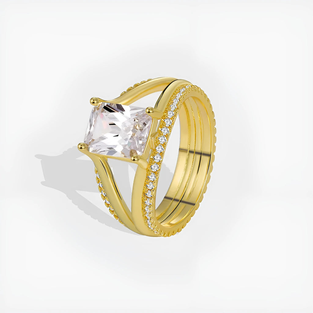 Geometric women's ring with square zircon stone and gold electroplated finish on copper