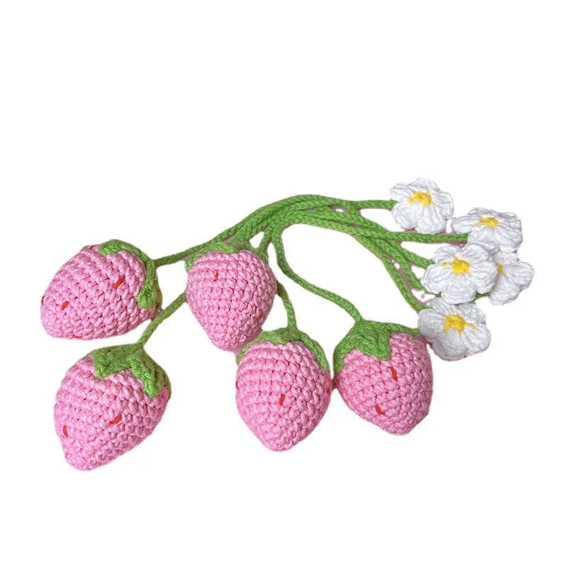Handcrafted wool crochet strawberry pendant necklace on 35cm chain in red or pink colour options