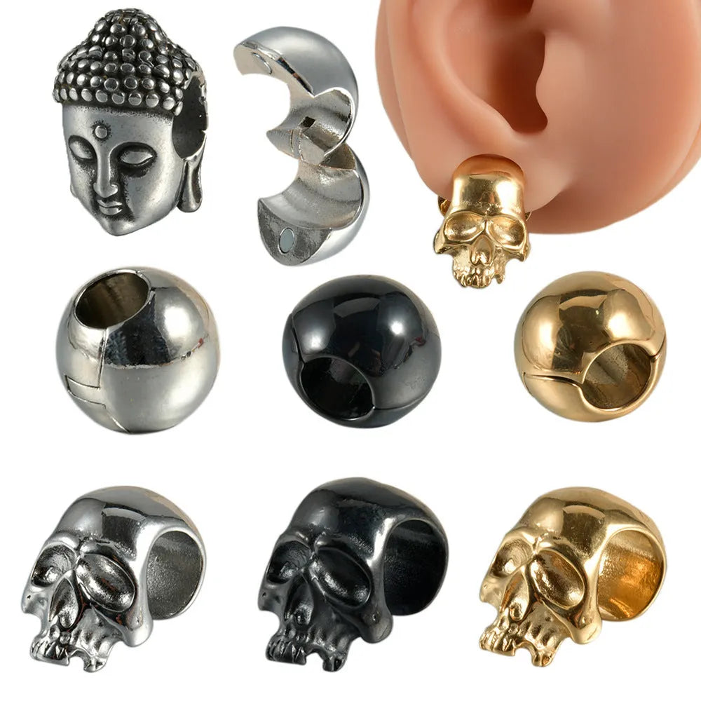 Personalised stainless steel hollow skull Buddha geometric earring in gold electroplate.