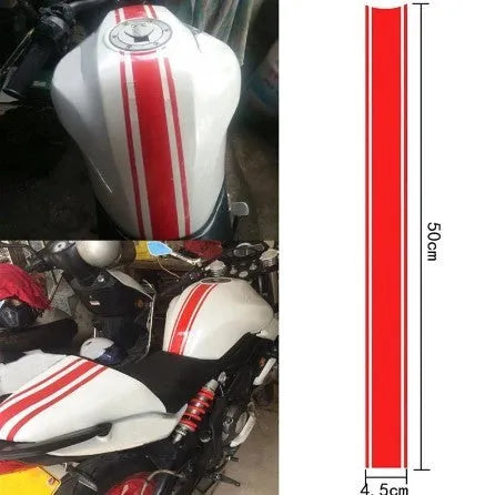 Motorcycle gas tank sticker with pinstripes in black, red, silver, or yellow colours