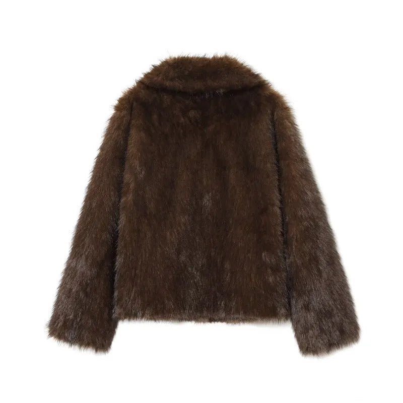 Women's brown double-sided faux fur jacket with fur collar and long sleeves, sizes XS to L, 50cm length