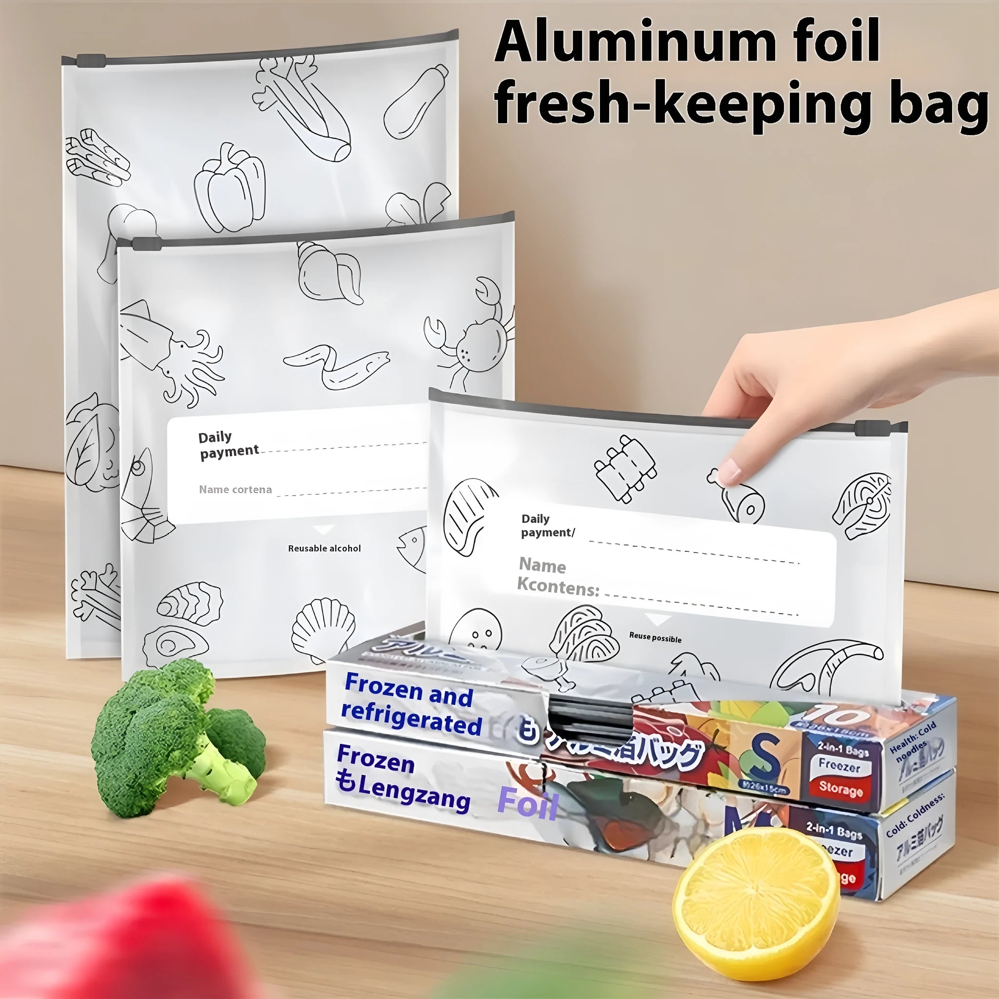 Aluminium foil resealable food storage bags in small, medium and large sizes
