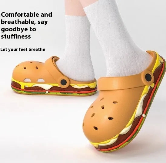 Women's thick soled EVA sandals with hollow out design and covered toe cap.