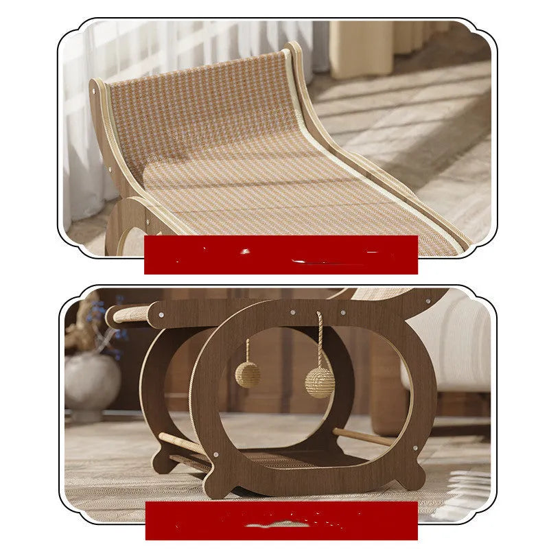 Solid wood cat scratching mat with sisal surface, serving as a raised bed in walnut colour finish.