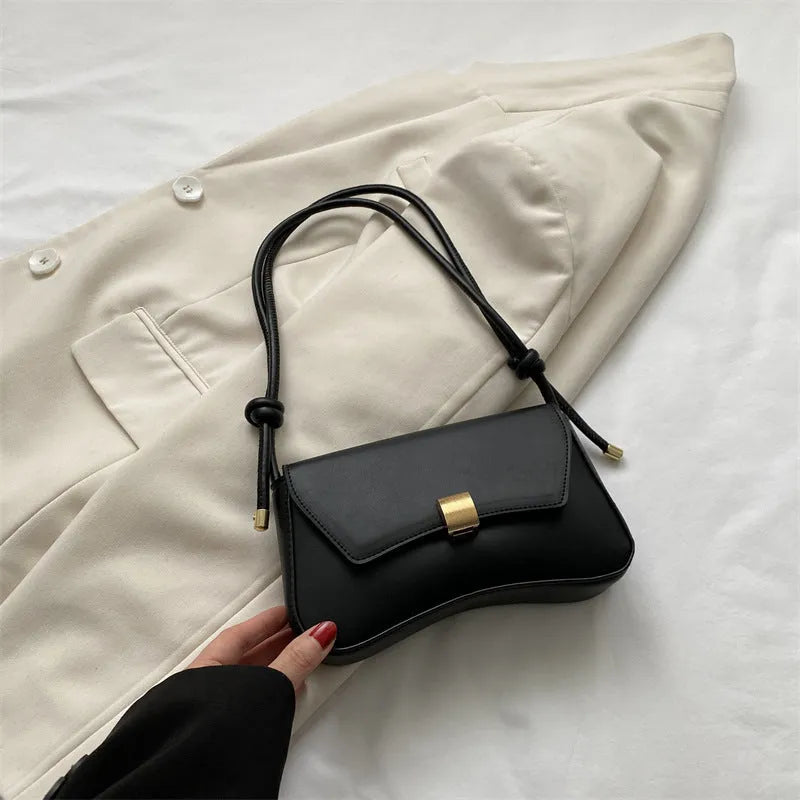 Women's PU shoulder bag with sandwich pocket in black, white, green, brown, or khaki.