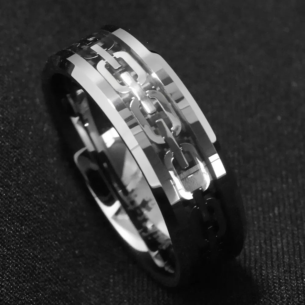 Men's stainless steel geometric cutout chain ring in chain ring colour, sizes 6 to 13, not inlaid