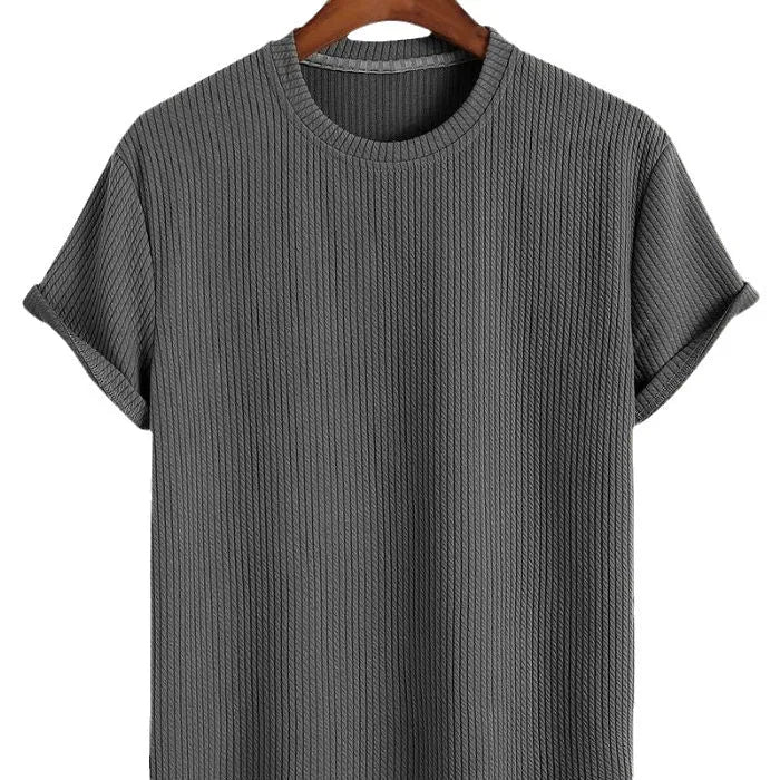 Men's solid colour loose round neck T-shirt in chemical fibre blend, available in black and other colours, sizes S to XL