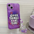 Purple graffiti and love pendant design iPhone case with a metal carrying chain attached.
