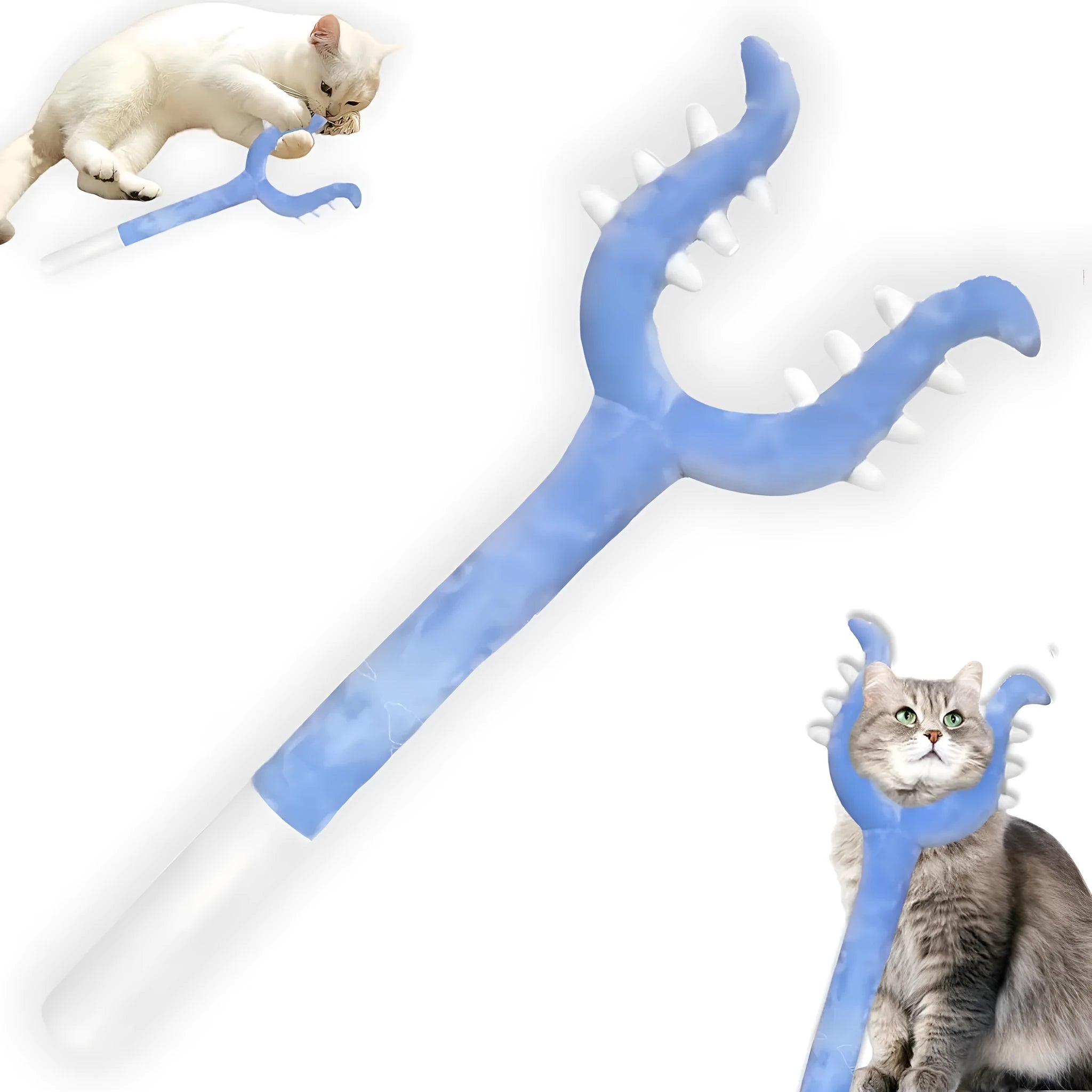 Blue plush cat wand toy with 70cm shaft and foam-filled head for interactive play
