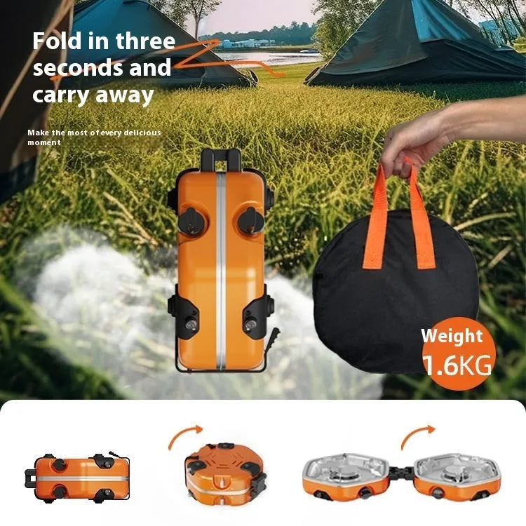 Orange portable double-headed folding camping gas stove with two 2.5kW butane burners, shown open and folded