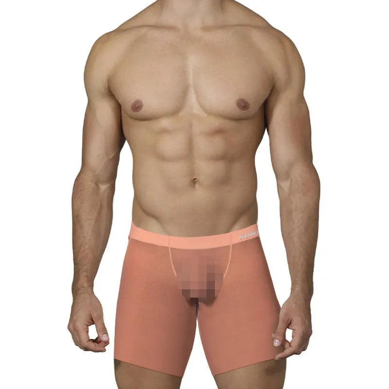 Men's low-waist boxers in solid orange, pink, or red made from breathable ice silk nylon fabric.
