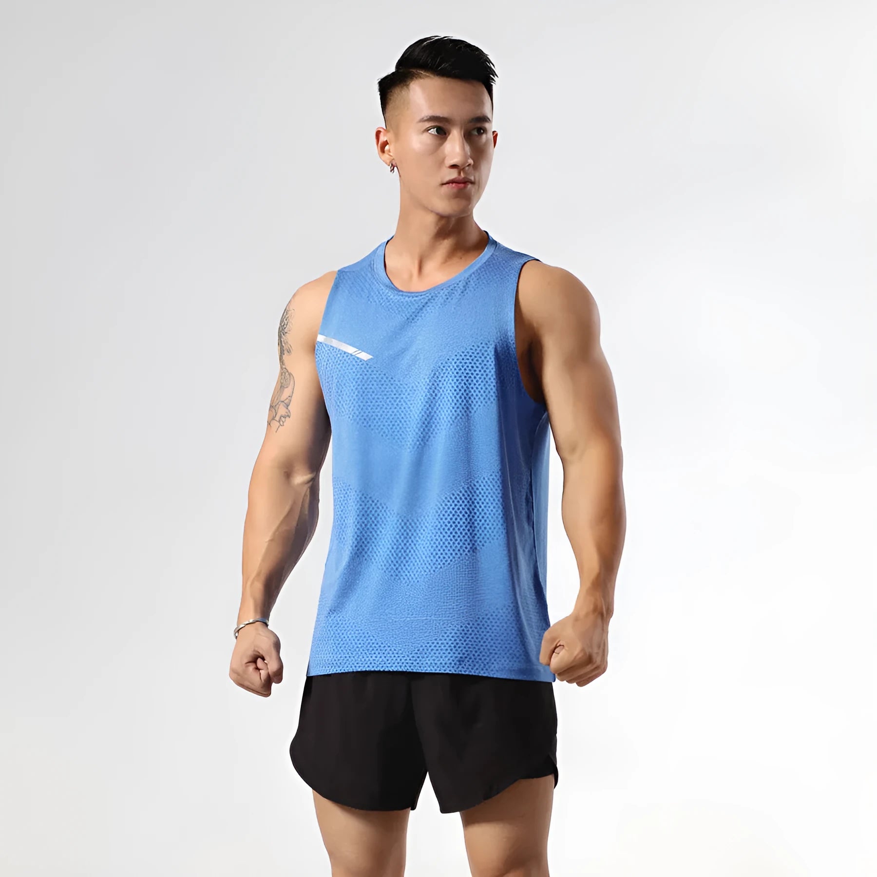 Men's solid colour quick-dry polyester sports tank top for summer outdoor activities.