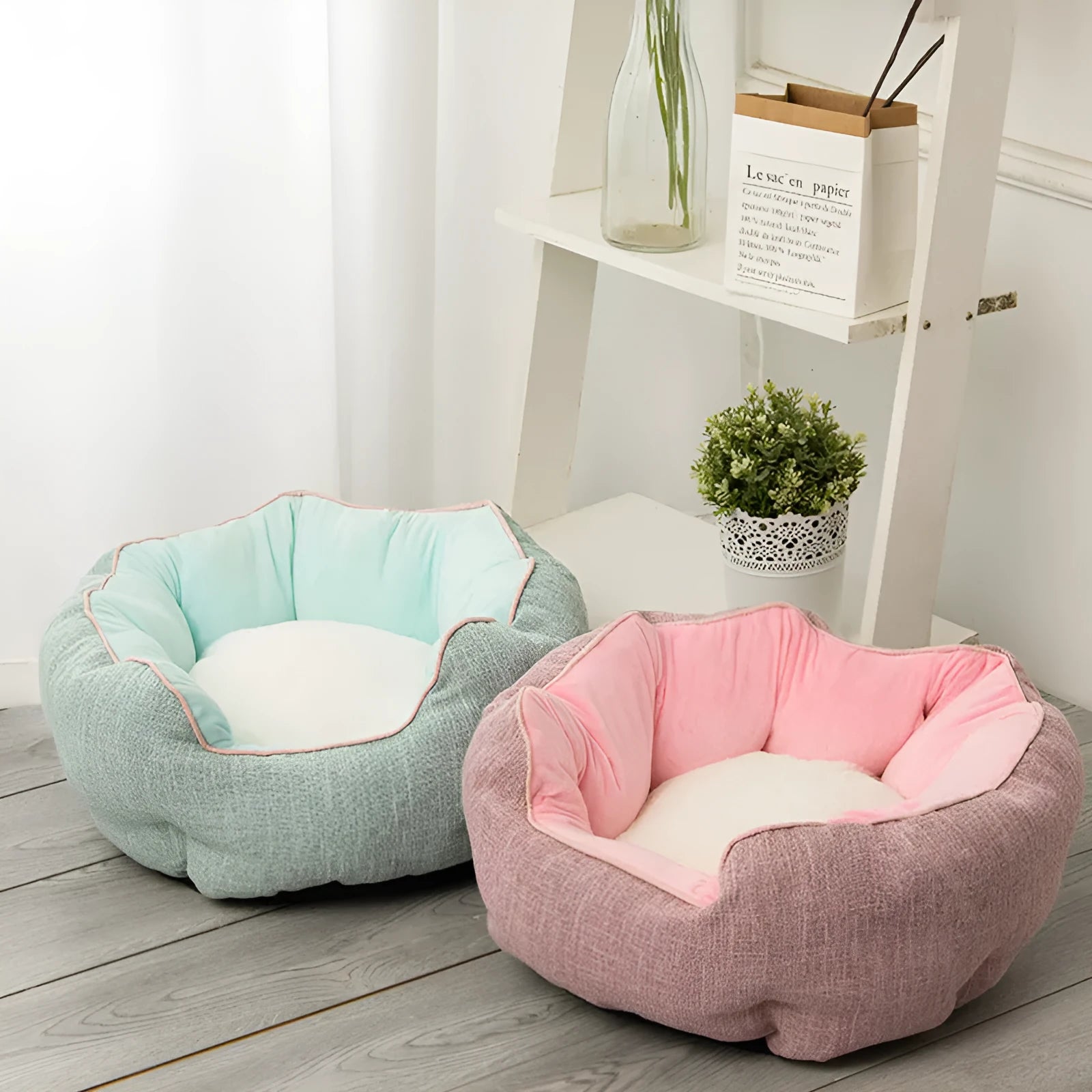 Octagonal pet bed with removable mats in blue colour with soft wool point design