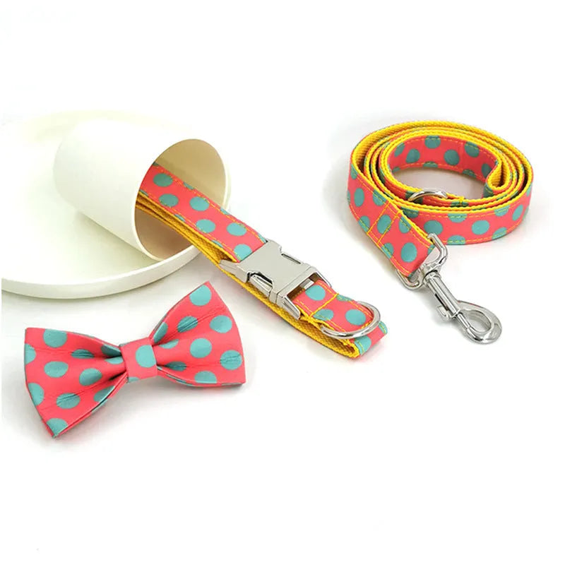 Yellow polka dot dog collar and lead set with bow decoration