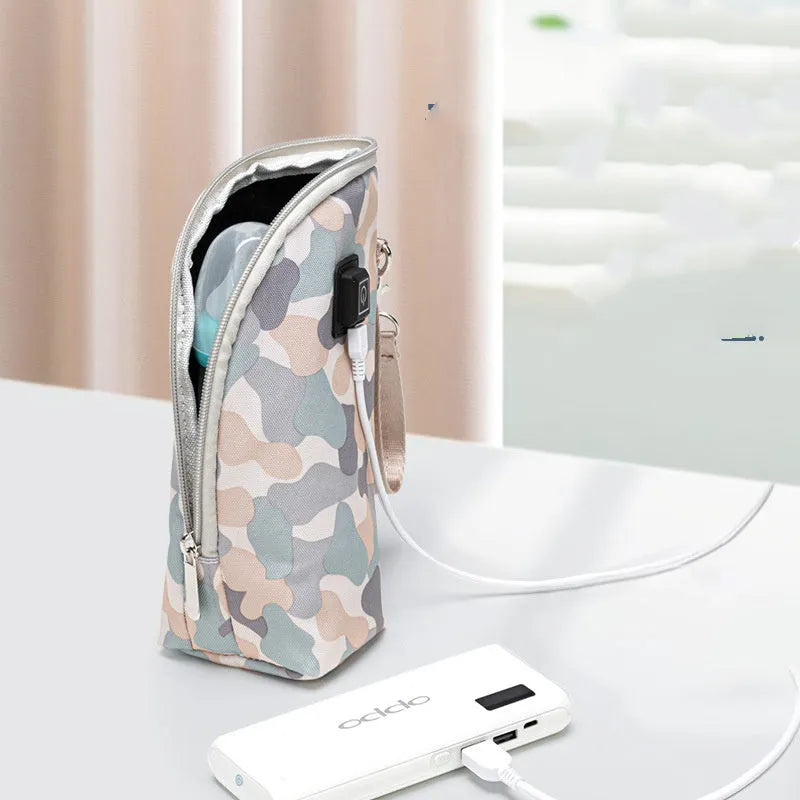 Portable cloth bottle warmer sleeve with silicone alloy heating wire for kids, camouflage pattern, 55-75mm inner diameter