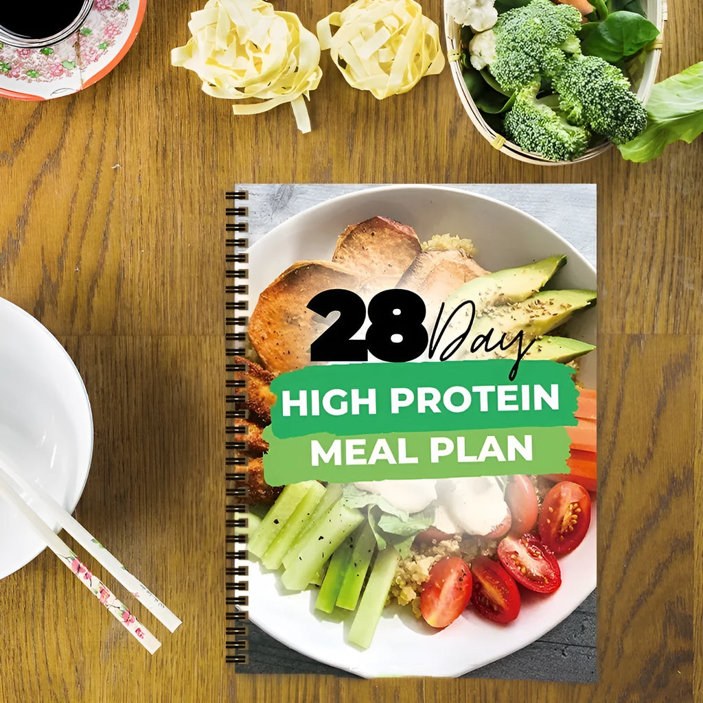 28-day high-protein diet plan book with paper pages, 21cm by 28.5cm, cover labelled 28Day Dietary Plan
