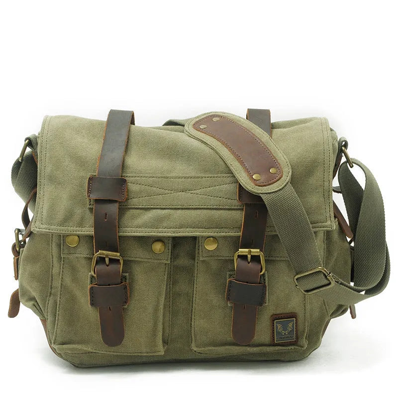 Men's retro canvas crossbody shoulder bag with flap closure and cowhide detailing in multiple colour options