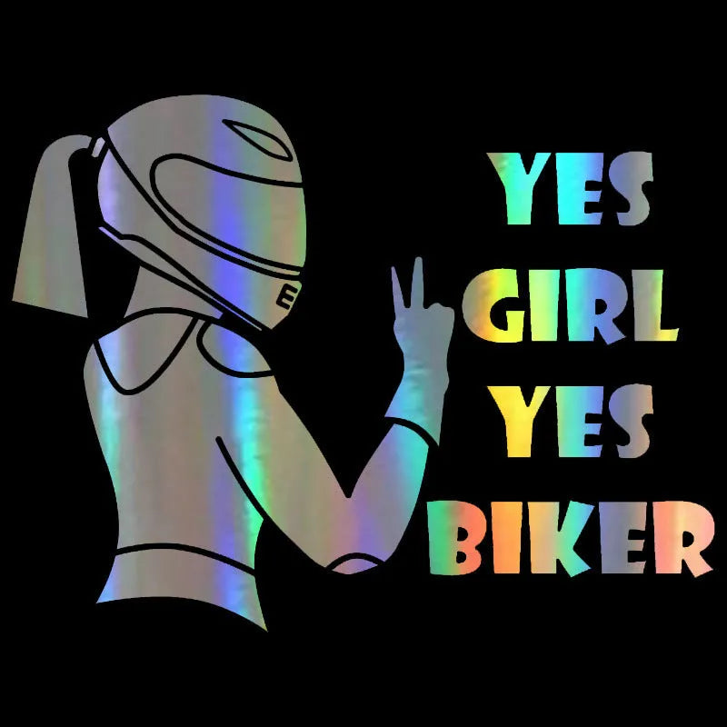Cool girl rider character car sticker in waterproof PET material, 16cm by 15cm