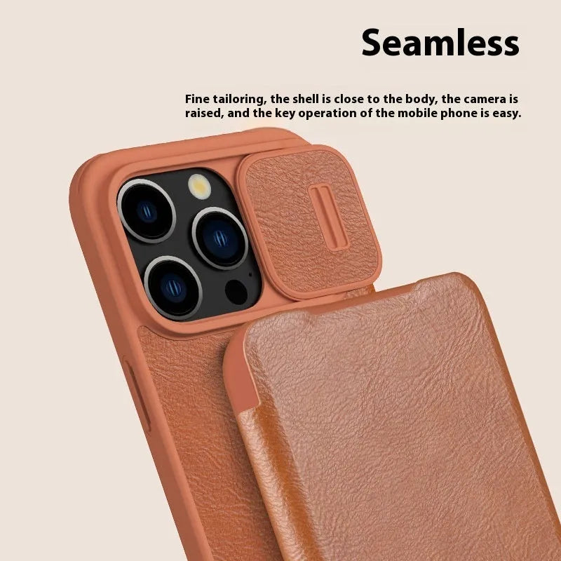 Black imitation leather flip phone case for iPhone, shown open and closed.