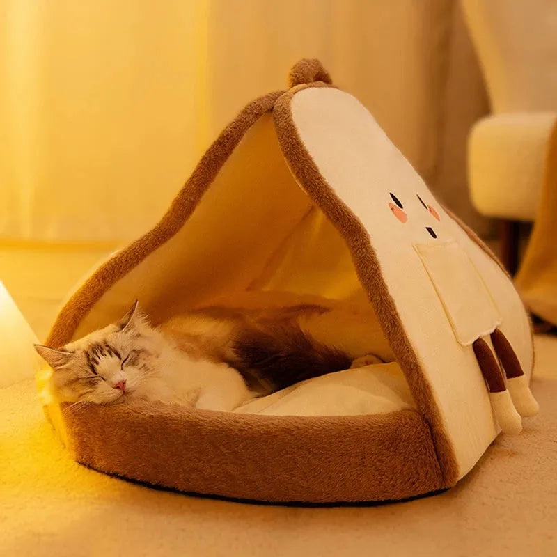 Green winter cat tent pet bed with a removable blanket inside, shown next to a yellow version.