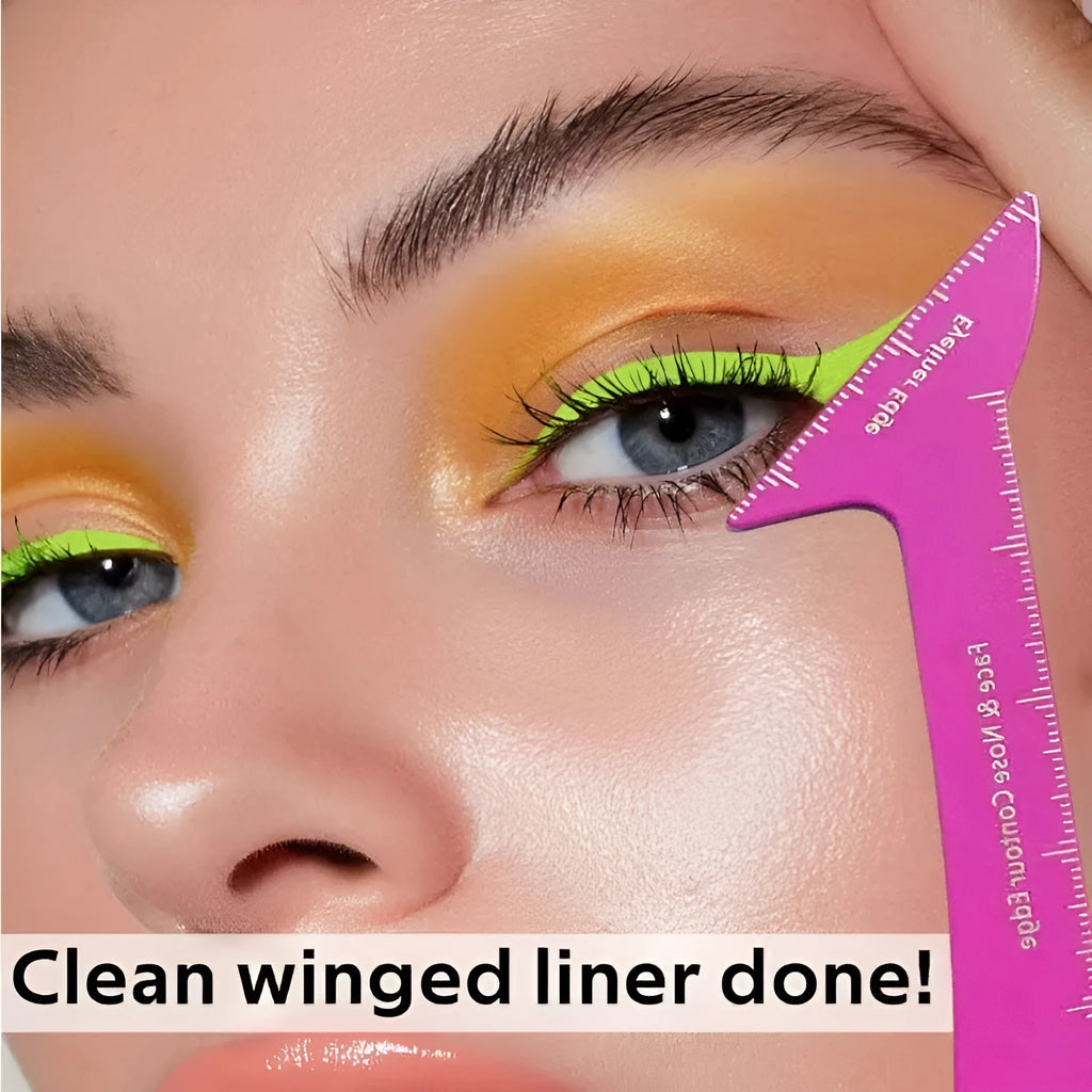 Close-up of reusable plastic 3-in-1 makeup stencil for eyeliner wings, eyebrow shaping, and nose contouring on a pink background.